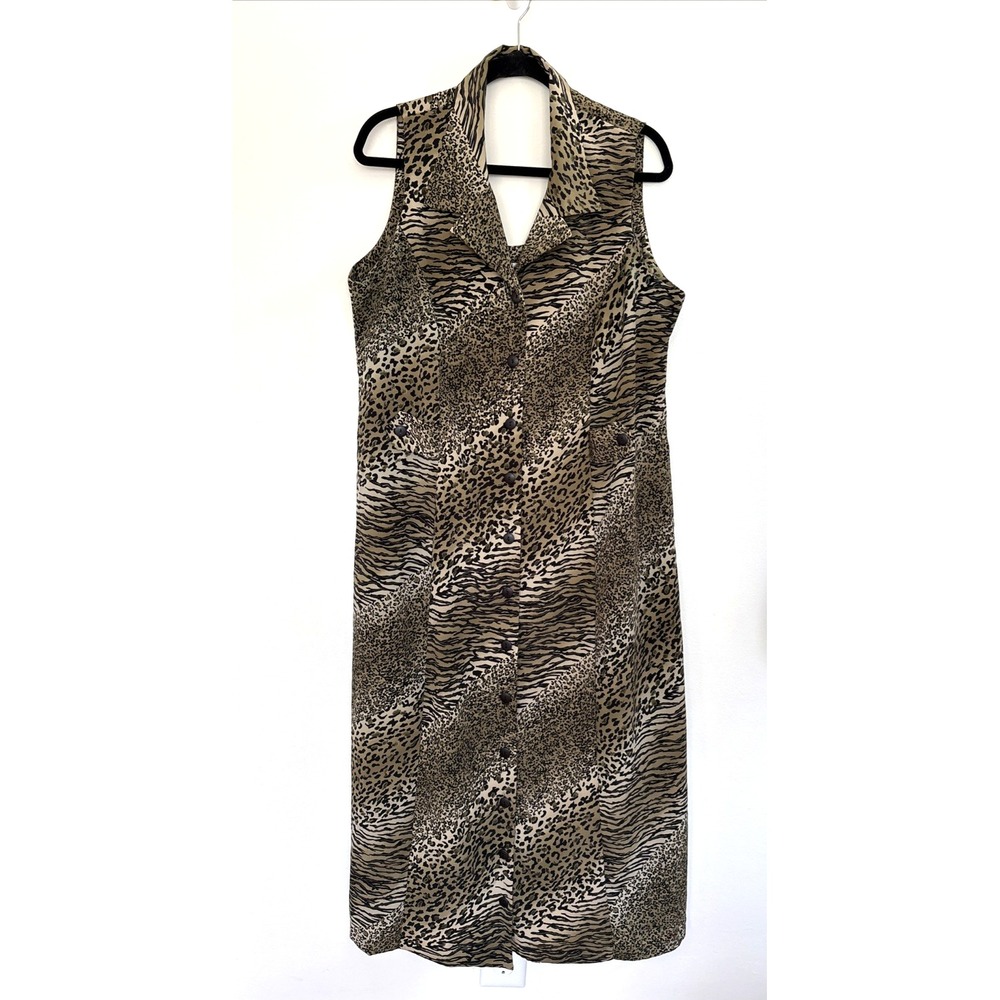 VTG Mixed Animal Print Halter Back Button Down Midi Dress Leopard Tiger Brown
